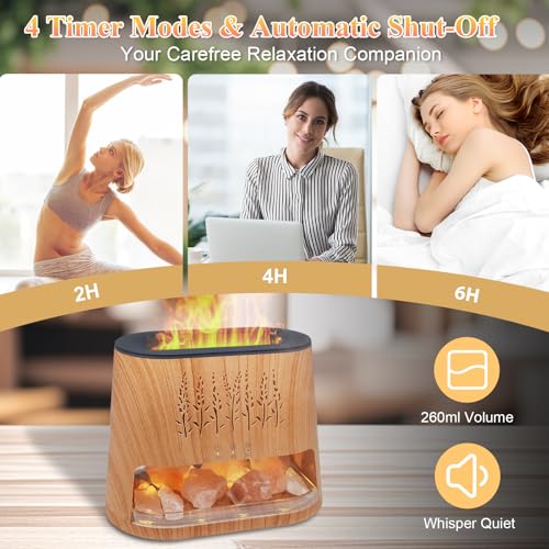 Fireplace Flame Diffuser & Himalayan Salt Lamp, 8 Colors Aromatherapy Diffuser Cool Mist Humidifier with Timer Auto Off Fu...