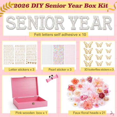 Yousoontic 50 Pcs DIY 2026 Senior Year Graduation Keepsake Box Decoration Kit, Memory Wooden Box Faux Flower 3D Butterfly ...