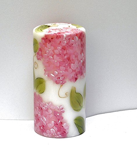 Beautiful Large Tall Decorative Romantic Hand Painted Pink Hydrangea Flower White Pillar Candle with Golden Swirls Big Flo...