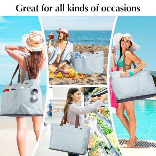 GAGAKU XL Beach Bag with Zipper & Cooler Compartment, Sand-Proof Foldable Large Tote Bag for Cruise, Travel, Family, Women