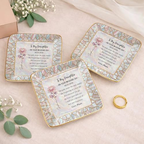to My Daughter on Your Wedding Day, Personalized Floral Ceramic Jewelry Tray for Daughter from Mom, Custom Birth Flower Tr...