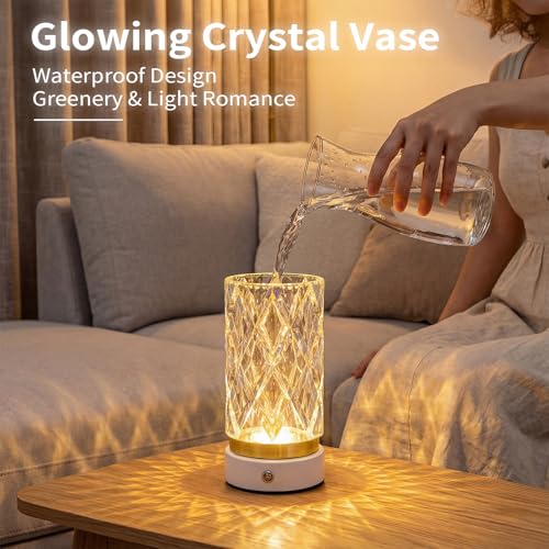 MMHF Crystal Table Lamp, Portable LED Bedside Lamp Touch Control, 3 Color Modes Dimmable, USB Rechargeable Night Light, Wa...