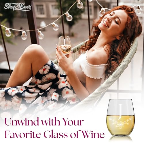 Floral Monogram Engraved Initial Letter Stemless Wine Glass 15 oz. Personalized Monogrammed Custom Gift (J)
