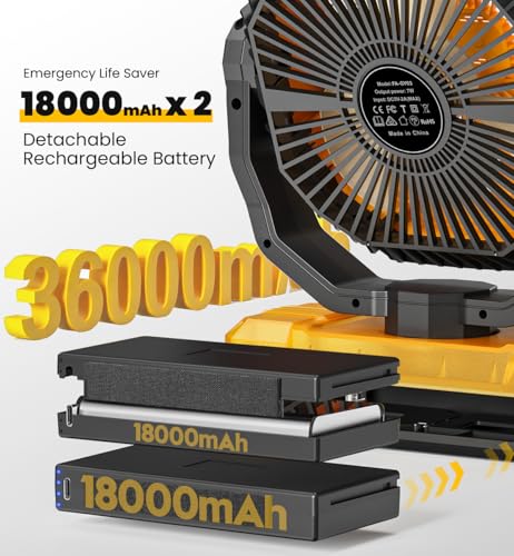 Korbot 36000mAh Portable Camping Fan - 120HRS Rechargeable Fan with Detachable Battery with LED & Remote - 4 Speeds Batter...