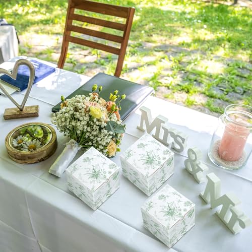 TecUnite 50 Pcs 3x3x3'' Green Floral Paper Gift Candy Boxes Chinoiserie Flower Paper Gift Box Small Green White Hydrangea ...