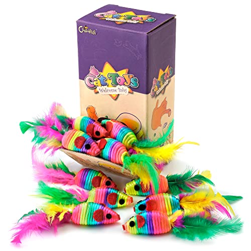 CHIWAVA 24PCS 5" Rattle Cat Toys Mice with Feathers Rainbow Rope Mouse Kitten Interactive Toy Assorted Color