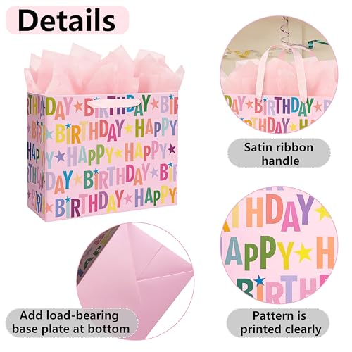 Yusenguan 13" Pink Happy Birthday Gift Bag, Colorful Lettering Design with Card, Tissue Paper and Sturdy Handles for Kids...