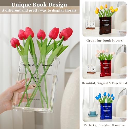 Puransen Clear Book Flower Vase - Floral Bookshelf Decor, Acrylic Flower Holder & Space-Saving Organizer, Modern Home Offi...
