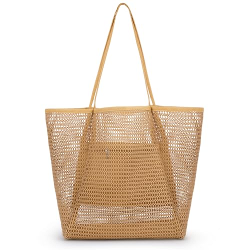 Iioscre Beach Bag for Women, Causal Hobo Pool Bags with Zipper Inner Pocket, Foldable Swim Tote Bag for Vacation Essentials