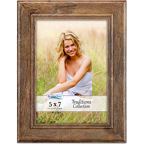 Icona Bay - 5x7 Chestnut Brown Picture Frame - Rustic Wood Pattern - Lightly Distressed Frame for Table Top Display or Wal...