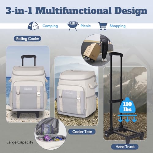 INSMEER Cooler with Wheels and Handle, 80 Cans/50L Rolling Cooler, Portable Soft Sided Cooler with Wheel, 2-in-1 Collapsib...