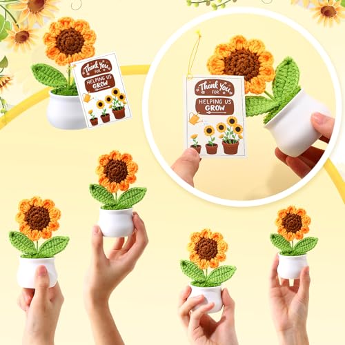 Soaoo 12 Sets Teacher Gifts Crochet Flowers with Thank You for Helping Me Grow Cards Appreciation Gifts for Teachers Cowor...