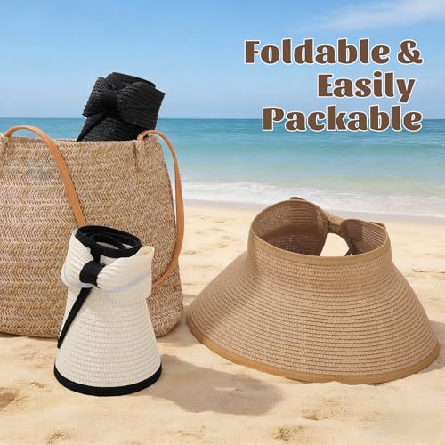 Zhamate 3 Pack Foldable Sun Visor Hats for Women Wide Brim Pontytail Straw Beach Hat for Summer