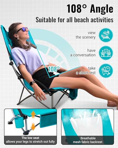 KingCamp Low Beach Chair, High Back Folding Camping Chair for Adults, Oversized Breathable Mesh Seat, 300lbs Heavy Duty Po...