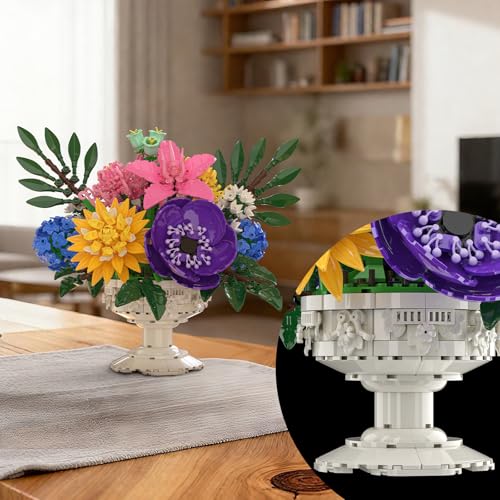 Cogibrix Botanicals Flower Bouquet Building Set - Includes Hydrangeas, Snapdragons, Peonies & More, Artificial Flower Arra...