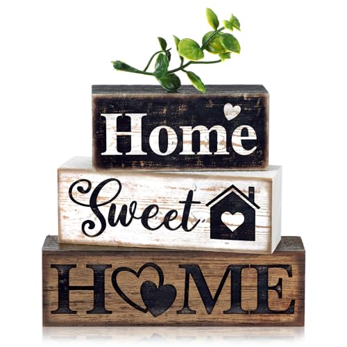 Moucuny 4 Pcs Farmhouse Wooden Tabletop Decor Farmhouse Tiered Tray Decor Rustic Eucalyptus Leaves Wood Block Sign Gift Sw...