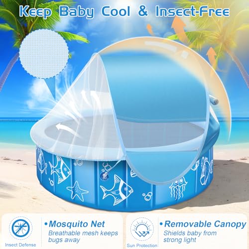 Upgraded Baby Pool with Canopy Sprinkler, 47in Foldable Kiddie Pool with Pop Up Mosquito Net, Baby Beach Tent with Sun Sha...