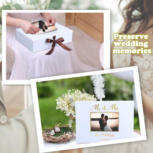 Weysat 12x9 Inches Gold Stamping Font Wedding Keepsake Box Cover with Photo Frame, White Wedding Memory Box with Ribbon fo...