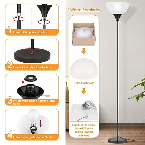 Coucrek Floor Lamp, LED Standing Lamps with White Plastic Shade, Black Modern Torchiere Floor Lamp, Tall Lamps for Living ...