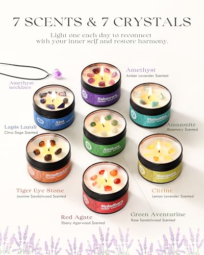 AOOVOO Chakra Candles with Healing Crystals - 7 Chakra Candle Set, Spiritual Gifts for Women, Aromatherapy Candle, Soy Can...