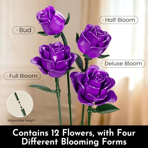 SOOLIO Mothers Day Rose Flower Bouquet Building Set for Adults, Gift for Mom Wife Women Couple Girlfriend, Buildable Purpl...