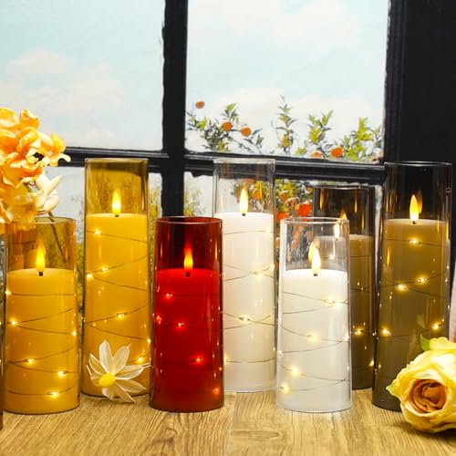 Nimiko Flickering Flameless LED Candles, 9 Pcs with Embedded Star String, Acrylic LED Pillar Candles with Remote, Suitable...