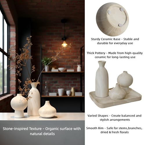 SincereLuxe White Ceramic Vase Set of 3 in Beige, Modern Aesthetic Stone-Look Textured Pottery Vases for Shelf & Bookshelf...