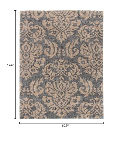 SAFAVIEH Florida Shag Collection Area Rug - 8'6" x 12', Grey & Beige, Damask Design, Non-Shedding & Easy Care, 1.2-inch Th...