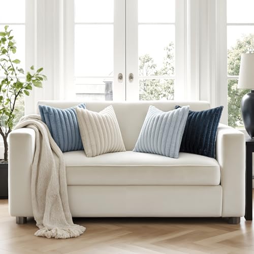 MIULEE Faux Fur Plush Decorative Throw Pillow Covers 18x18 Set of 4, Summer Modern Soft Fuzzy Coastal Striped Cushion Cove...