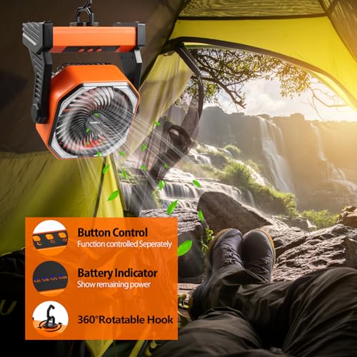 20000mAh Battery Powered Camping Fan, 58Hrs Rechargeable Portable Fan, 400LM Light, 360° Hook, Whisper Quiet Battery Opera...