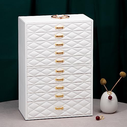 FEIYAN Extra Large Jewelry Box Organizer with 10 Drawers - Premium Faux Leather Storage Case & Velvet Lining | Modern Scan...