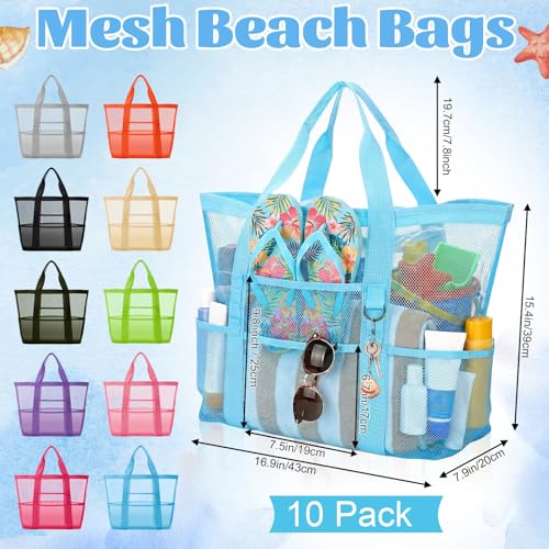 Hsei 10 Pack Mesh Beach Bags Bulk for Women Waterproof Large Pool Tote Bag with 8 Pockets & Reinforced Handles Toy Bags fo...
