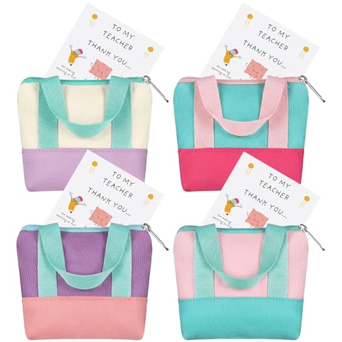 4 Sets Teacher Appreciation Gift Bags Mini Canvas Tote Bags Card Holder Mini Coin Purses with Thank You Cards for Women Ba...