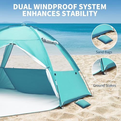COVACURE 2026 New Upgraded Beach Tent Sun Shelter - UPF 50+ UV Protection Beach Shade for 3-4 Person, Waterproof & Lightwe...