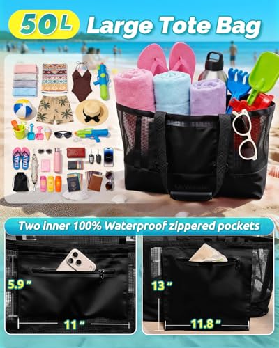 OnWander Large Mesh Beach Tote Bag - 50L Pool Bags with 2 Inner Zipper Waterproof Pockets for Swim Toys Towels Travel