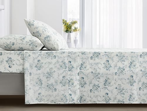 Chezmoi Collection Gigi 4-Piece Floral Cotton Sheet Set King- Elegant Blue Ivory White Floral Printed 100% Cotton Bed Sheets
