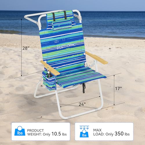 Tall Beach Chairs for Adults, 17" High Backpack Beach Chair with Wooden Armrests, 5 Positions Reclining Heavy Duty Chair w...
