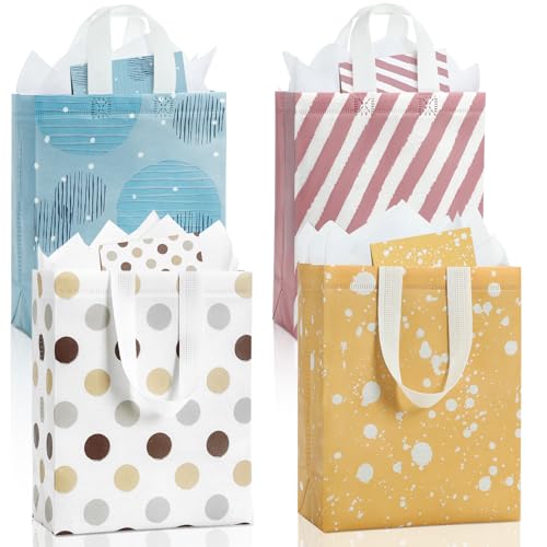 STYPOP 10" Gift Bags Medium Size (4 Pack) - Includes Tissue Paper & Cards, Reusable Non-Woven Gift Bags with handles, Perf...