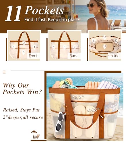 WULIVA 2026 Stylish & Spacious XX-Large Beach Bag for Women – Mesh × Canvas Tote with Top Zipper, 11 Tall Pockets | 40L+ S...