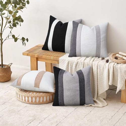 Adabana Modern Pillow Covers 18x18 Set of 2 Farmhouse Decor Patchwork Linen Cushion Covers for Living Room Couch Bed Black...