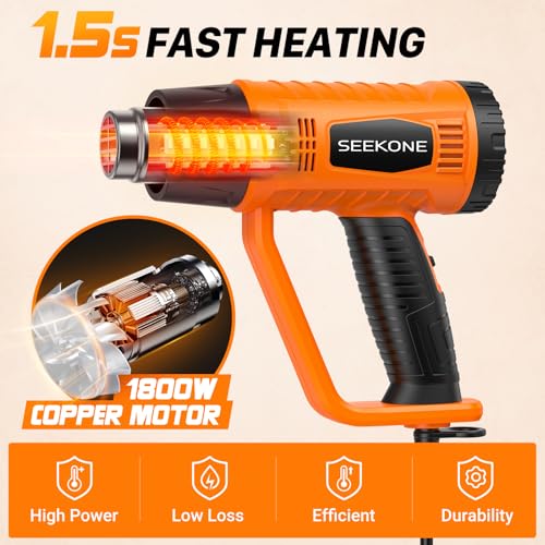 SEEKONE Heat Gun 1800W Heavy Duty Fast Heat Hot Air Gun Kit with 752℉&1112℉（400℃-600℃） Dual-Temperature Settings and 4 Noz...