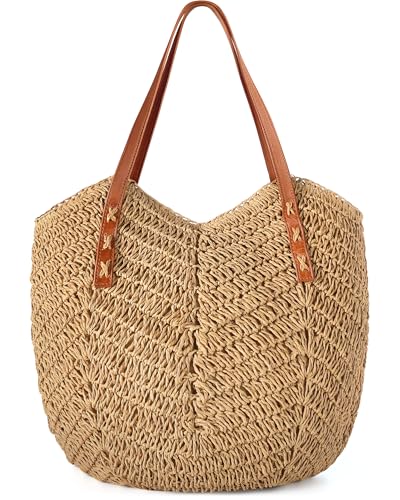 Loiyadn Beach Bags for Women - Straw Bag with Zipper, Soft Woven beach bag, Casual Straw Shoulder Bag for Daily Use