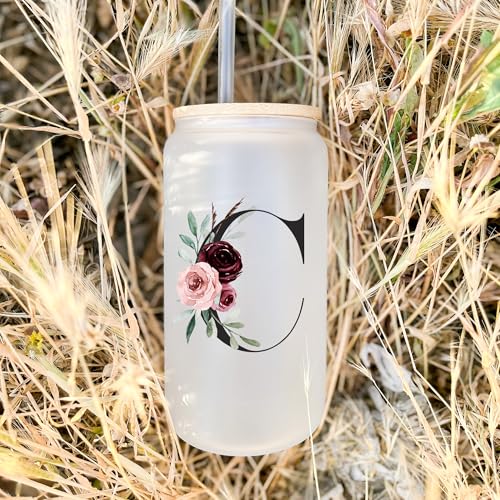 Birthday Gifts for Women, Personalized Customized Cute Glass Cups with Lids and Straws, Initial Drinking Iced Coffee Cup, ...