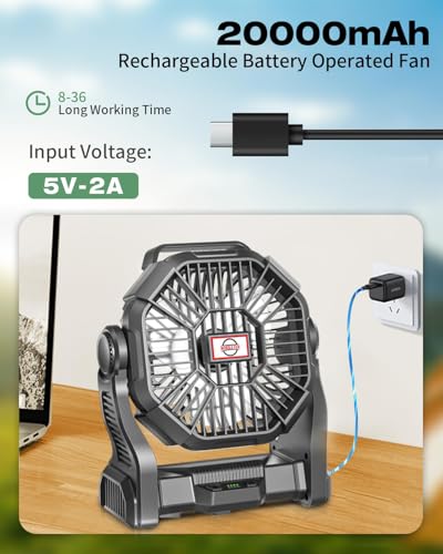 AEscod Portable Camping Fan, Rechargeable Battery Operated with LED Lights, Hanging Hook, 270°Rotation, 20000mAh Battery P...