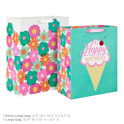 Hallmark Modern Flowers and Ice Cream Birthday Gift Bag Set (2 Bags: 13" Large and 15" Extra Large) for Kids, Teens, Friends