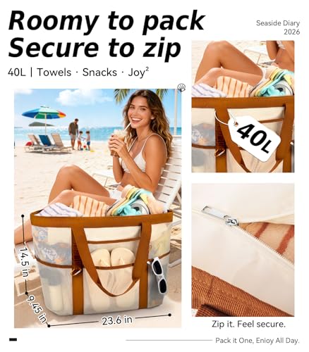 Yeendibo 2026 Chic & Spacious XX-Large Beach Bag for Women — Mesh × Canvas Tote with Top Zipper, 11 Pockets, Detachable Po...