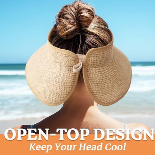 JYxingchi Sun Visor Hats for Women Straw Wide Brim Ponytail Beach Hat Packable Foldable UV Protection Travel Hats