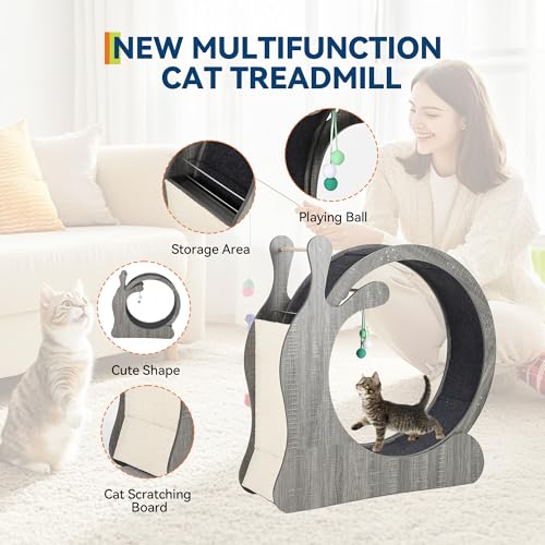 Large Cat Running Wheel, Cat Wheel for Indoor Cats 33.5" Inner Diameter Wood Pet Treadmill with Scratching Board and Playi...