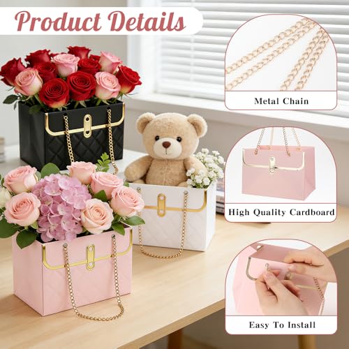 Flower Paper Gift Box 6 Pcs Floral Bouquet Storage Bucket Handbag with Metal Chain Flower Bouquet Purse Box Gift Wrap Bags...