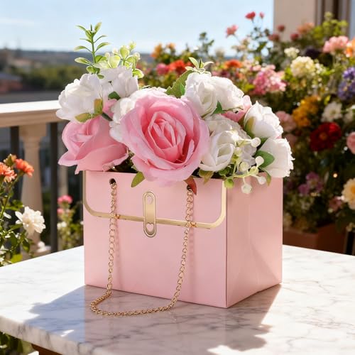 4 Pcs Flower Paper Gift Box Bouquet Storage Bucket, Flower Boxes Wedding Florist Handbag with Metal Chain, Floral Craft Wr...